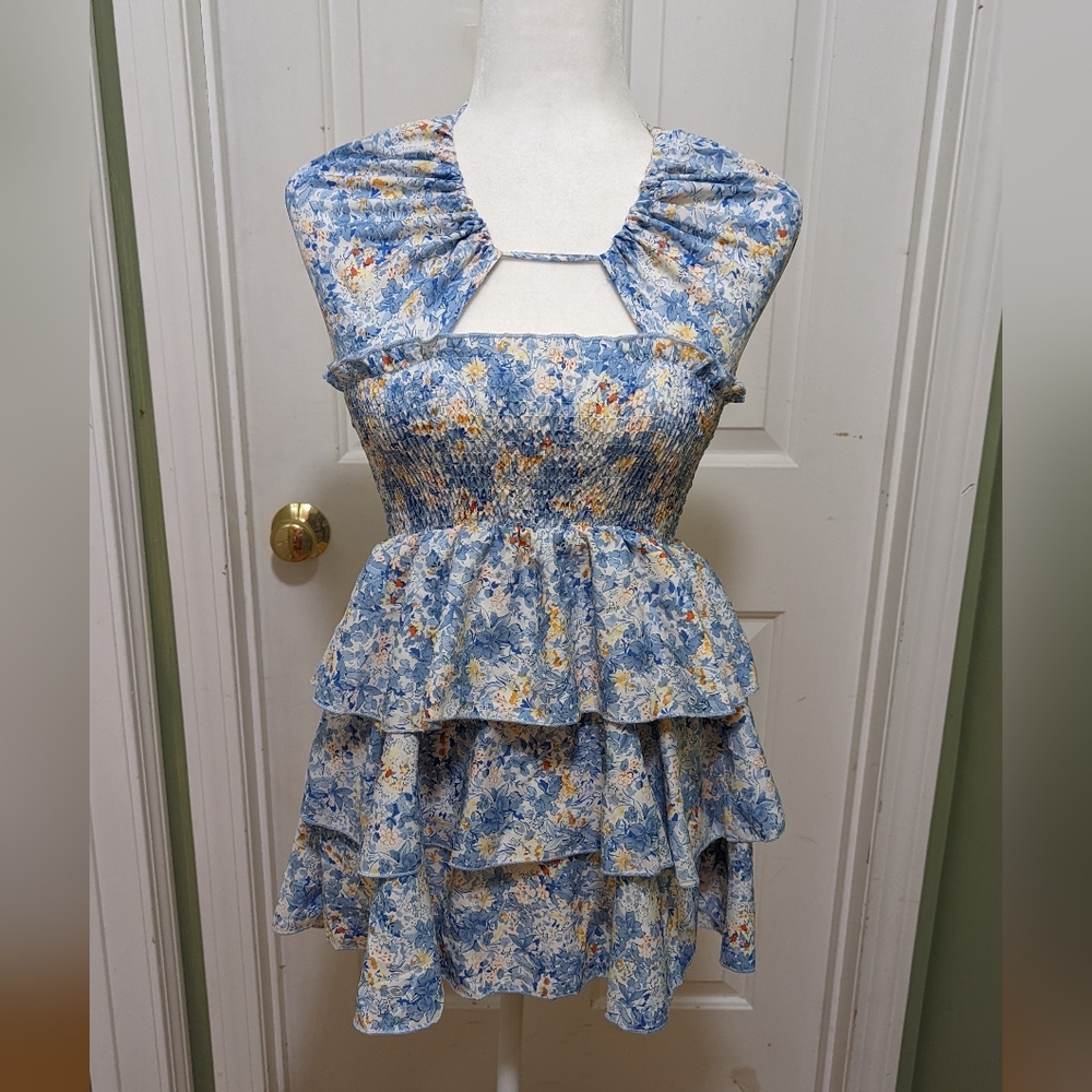 SHEIN Blue Floral Tiered Dress